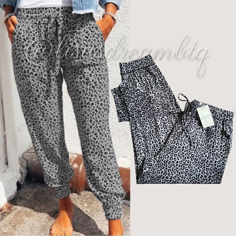 NWT Gray & Black Leopard Print Relaxed Fit Drawstring Waist Jogger Casual Pants